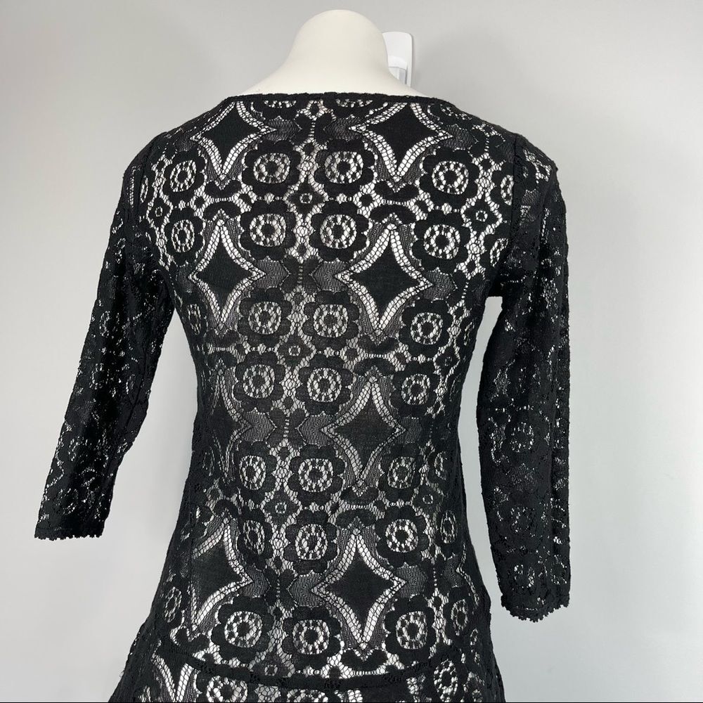 Free People Walking to the Sun Black Lace Mini Dress 0 Ruffle Sheer Tunic Top - Picture 10 of 16